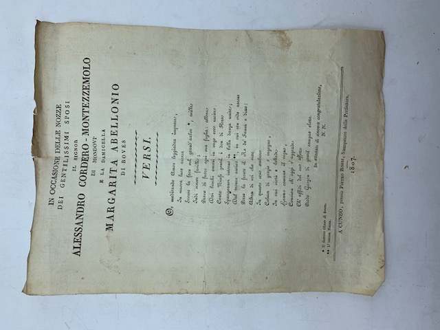 In occasione delle nozze dei gentilissimi sposi il signor Alessandro Cordero di Montezemolo di Mondovì e la damigella Margarita Abellonio di Boves. Versi